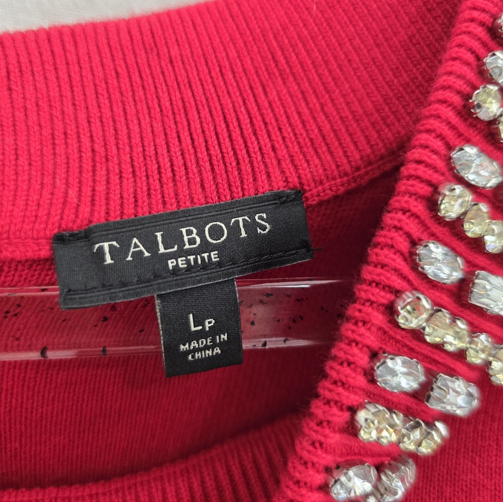 TALBOTS Red S Sleeve Rhinestone Embellished Neckline Classy Sweater.  LARGE P - Picture 4 of 9